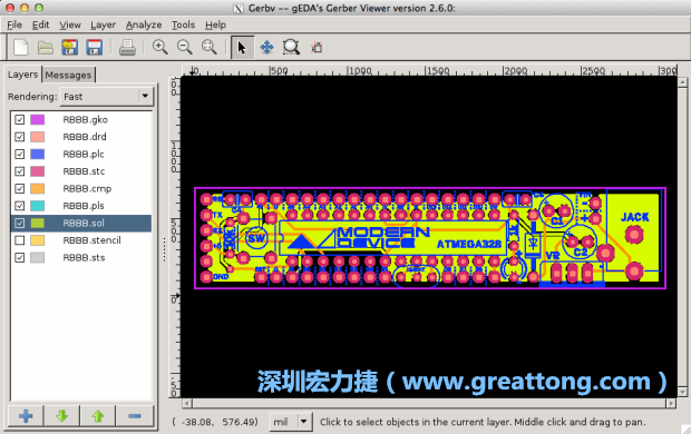 將圖層匯入你的Gerber預(yù)覽工具內(nèi)（下圖為Gerbv），我通常會(huì)從上到下重新排列它們的順序，好讓我比較好校對：